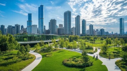 Obraz premium Modern business district with eco friendly buildings, green spaces, and sustainable companies