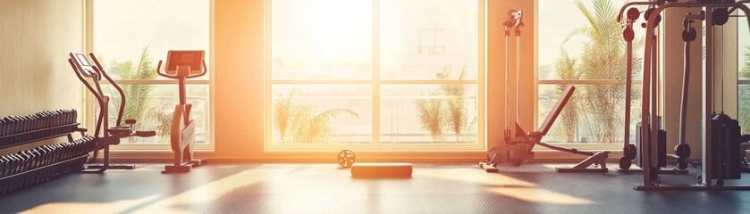 A bright gym interior with exercise equipment and natural light.