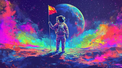 Obraz premium A colorful astronaut vector illustration, with the figure standing on a moon-like surface, holding a flag