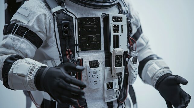 A detailed image of a modern astronaut suit, complete with helmet, gloves, and various control panels on the chest - Powered by Adobe