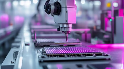 Fototapeta premium Robotic machinery handling silicon wafers in semiconductor factory, intricate chip production, vibrant purple and pink industrial lighting, high-tech equipment