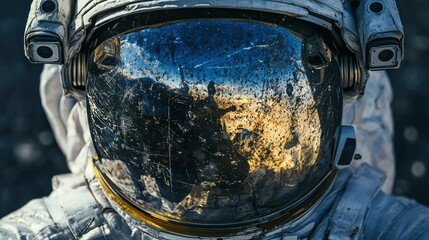 A detailed shot of an astronaut helmet, with scratches and reflections of the spacecraft visible on the visor