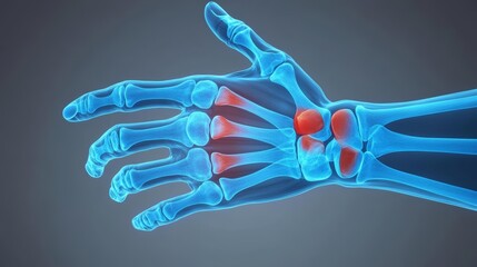 Detailed 3D medical render of a hand with arthritis, blue X-ray style with inflamed red joints, highlighting joint pain and bone structure