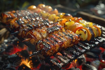 barbecue with grilled food, cocktails, and guests enjoying