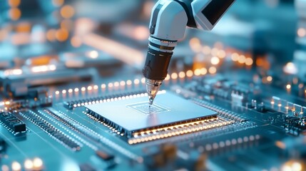Microchip manufacturing close-up, robotic arm processing silicon wafer, advanced technology and precision engineering, futuristic factory lights