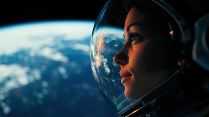 A female astronaut floating in space, her face visible through the helmet as she looks at the Earth below