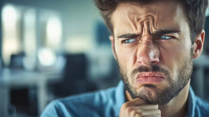Naklejka premium Pensive young man with a furrowed brow showcasing a thoughtful expression in a blurred office background
