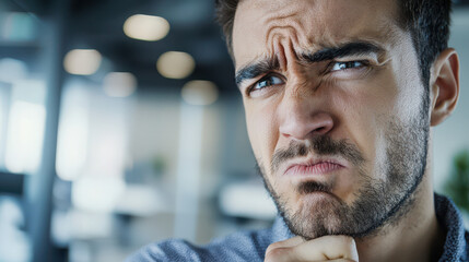 Obraz premium Young man with furrowed brow expressing confusion or frustration in a modern office setting with blurred background