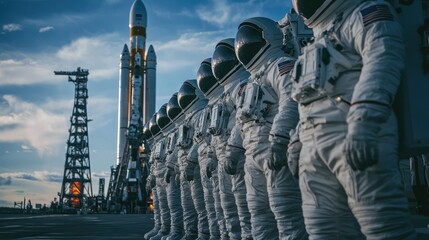 A group of astronauts in their space suits, standing in front of a rocket on the launch pad, ready for liftoff