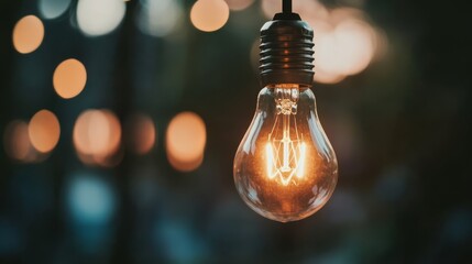 Illuminating Ideas:  A single incandescent light bulb glows brightly against a backdrop of warm, bokeh-filled lights, symbolizing inspiration, innovation, and new beginnings. 