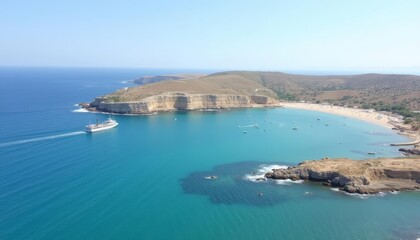 Naklejka premium Idyllic coastal view with clear blue waters and boats