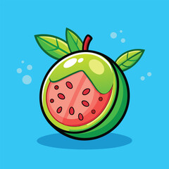Cute cartoon illustration of a guava with watermelon inside on a blue background.