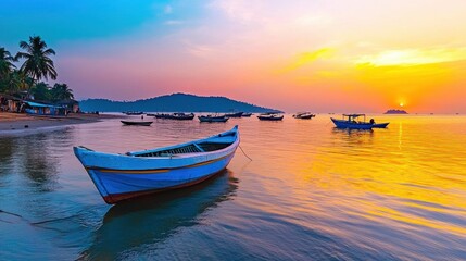 Naklejka premium Serene Sunset Over Calm Waters with Fishing Boats