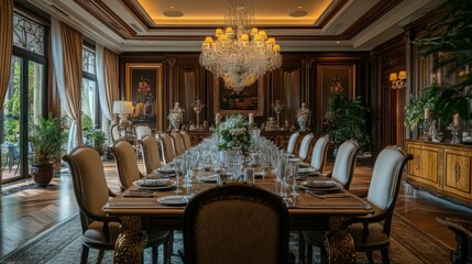 Grand dining room with a large table and sophisticated decor.