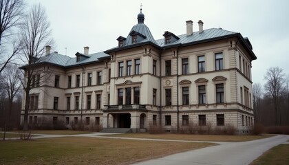 Fototapeta premium Elegant mansion with classic architecture set against a serene backdrop