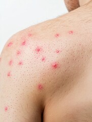 Fototapeta premium Close-up of a shoulder with skin irritation and red spots on a white background.