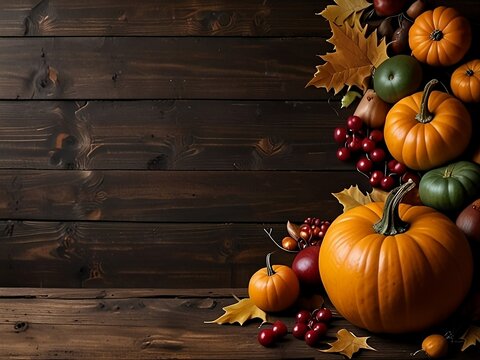 autumnal harvest frame rich fall colors border dark wood background pumpkins leaves Halloween theme
