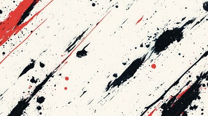 A chaotic abstract grunge texture with bold black splatter marks across a soft white background, accented by sharp red streaks, evoking raw energy and tension.