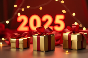 Christmas and new year background - gift boxes and pine cones and branches on the background of bokeh garlands