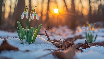 A close-up of snowdrop flowers emerging from snow, illuminated by a warm sunset in a forest setting.