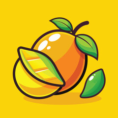 A cartoon mango with a slice cut out and leaves, on a bright yellow background. 