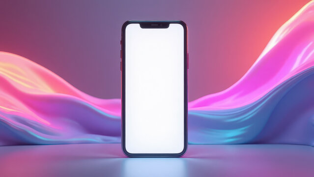 A smartphone mockup with a blank white screen on an abstract holographic gradient trendy and stylish background. Perfect for online marketing displaying and advertising.