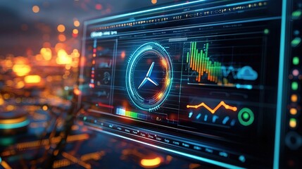 Obraz premium A computer monitor displays a clock and a series of graphs