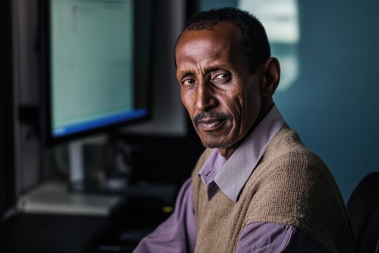 Portrait of an Eritrean Man in an Office Setting, Subtle Lighting, Professional Attire, Ideal for Cultural or Professional Contexts