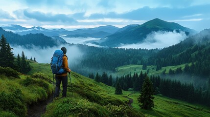 Fototapeta premium A man is hiking in the mountains with a backpack on