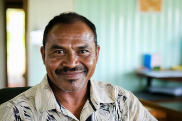 Obraz premium Portrait of a Kiribati Man Smiling in Traditional Shirt, Suitable for Cultural Representation