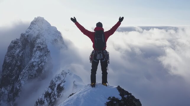 Summit Success: A lone climber stands triumphantly atop a snow-capped mountain peak, arms outstretched in victory against a backdrop of majestic mountains and swirling clouds.