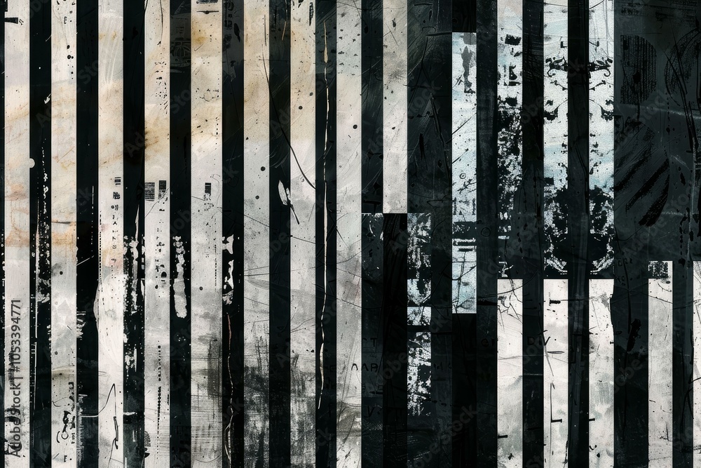 Poster grunge textured background with vertical black and white lines, creating a distressed and abstract p
