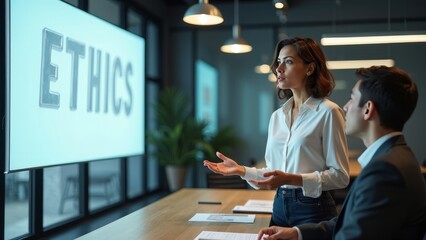 Hispanic Woman Engaged in Corporate Ethics Presentation in Bright Office