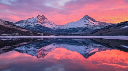 Obraz premium Stunning mountain landscape at sunrise, reflecting on a serene lake.