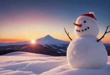 Obraz premium Funny snowman in winter mountain scenery. Merry christmas and happy new year.