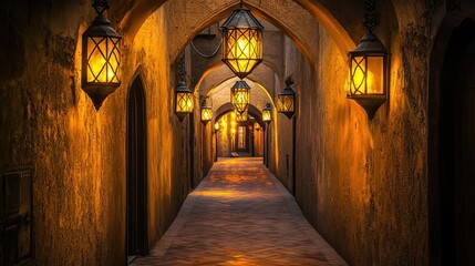 Fototapeta premium Illuminated Passage with Lanterns at Night