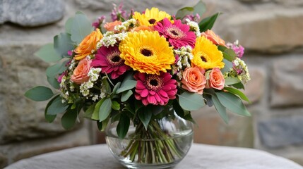Fototapeta premium A beautiful bouquet of fresh flowers in a glass vase. 