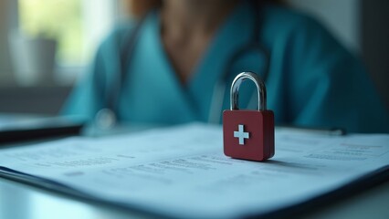Secure Medical Records with Padlock Icon on Hospital Desk