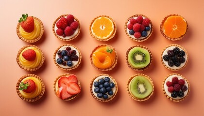 Vibrant Assorted Mini Fruit Tarts with Fresh Kiwi, Strawberry, Blueberry, Blackberry, Orange, and Peach Slices. Perfect for Dessert Displays, Bakery Advertisements, and Healthy Gourmet Food Concepts
