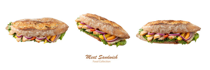 Whole cereal baguette with sliced baked chicken breast, red onion, red and yellow sweet pepper and green lettuce salad leaf isolated on white