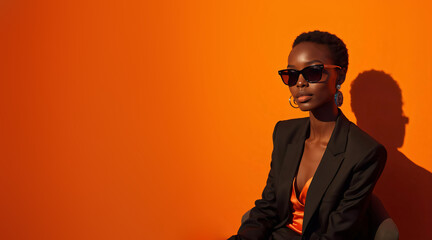 Fototapeta premium portrait of a cool and modern black woman with sunglasses in front of a orange wall background with copy space