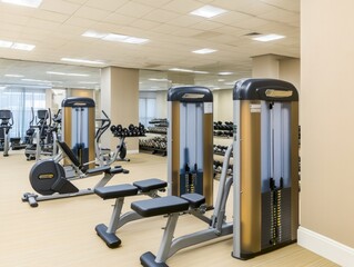 Fototapeta premium Modern gym interior featuring workout equipment and mirrors for fitness activities.