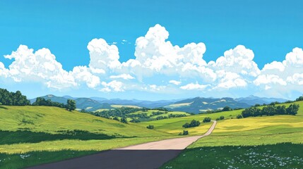 Fototapeta premium Flat illustration of a road cutting through hills and open fields.