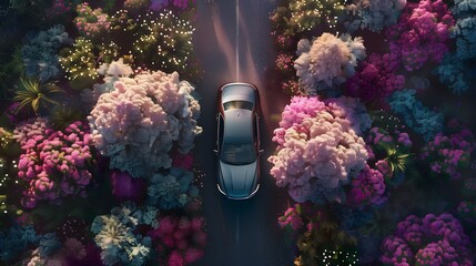 a bird's eye drone view of a modern electric car driving through a meadow filled with enormous, surreal flowers towering over the road