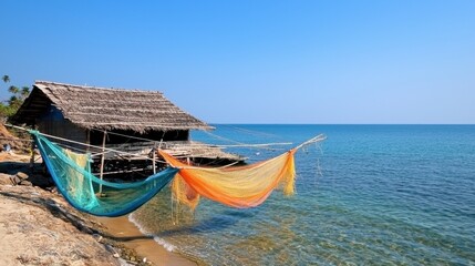 Obraz premium Vibrant Fishing Nets by Serene Beach in Tropical Setting