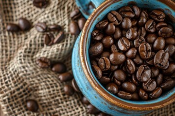 Fototapeta premium Roasted coffee beans spilling out of a rustic blue coffee cup and onto a burlap sack