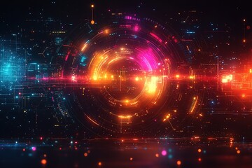 Abstract glowing neon circles with data and particles in futuristic technology style.