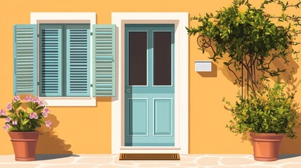 Fototapeta premium House front with a door and shuttered window. 