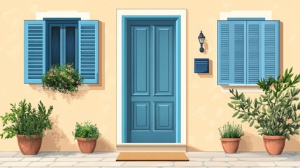 House front with a door and shuttered window.
