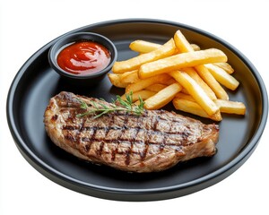 Syrup Grilled Beef Steak with French Fries on Black Plate, High Resolution, Isolated on White Background, Perfect for Food Blog or Restaurant Menu Generative AI